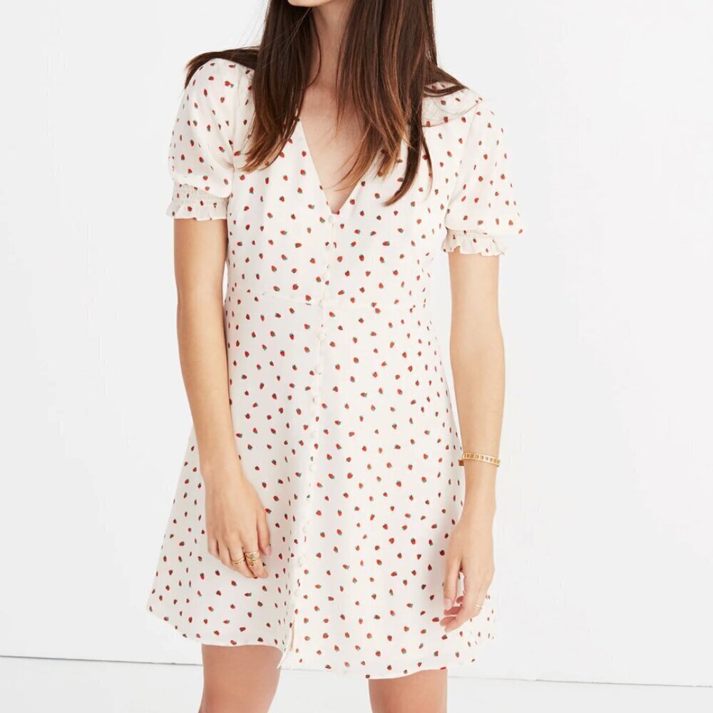 Madewell Silk Clover Cream Button-Front Dress in Fresh Strawberries Print, 0